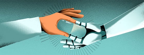 Human hand and robotic hand connecting