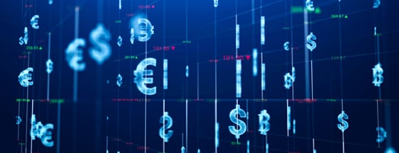 Holographic money symbols on a stock market graphs on a black background