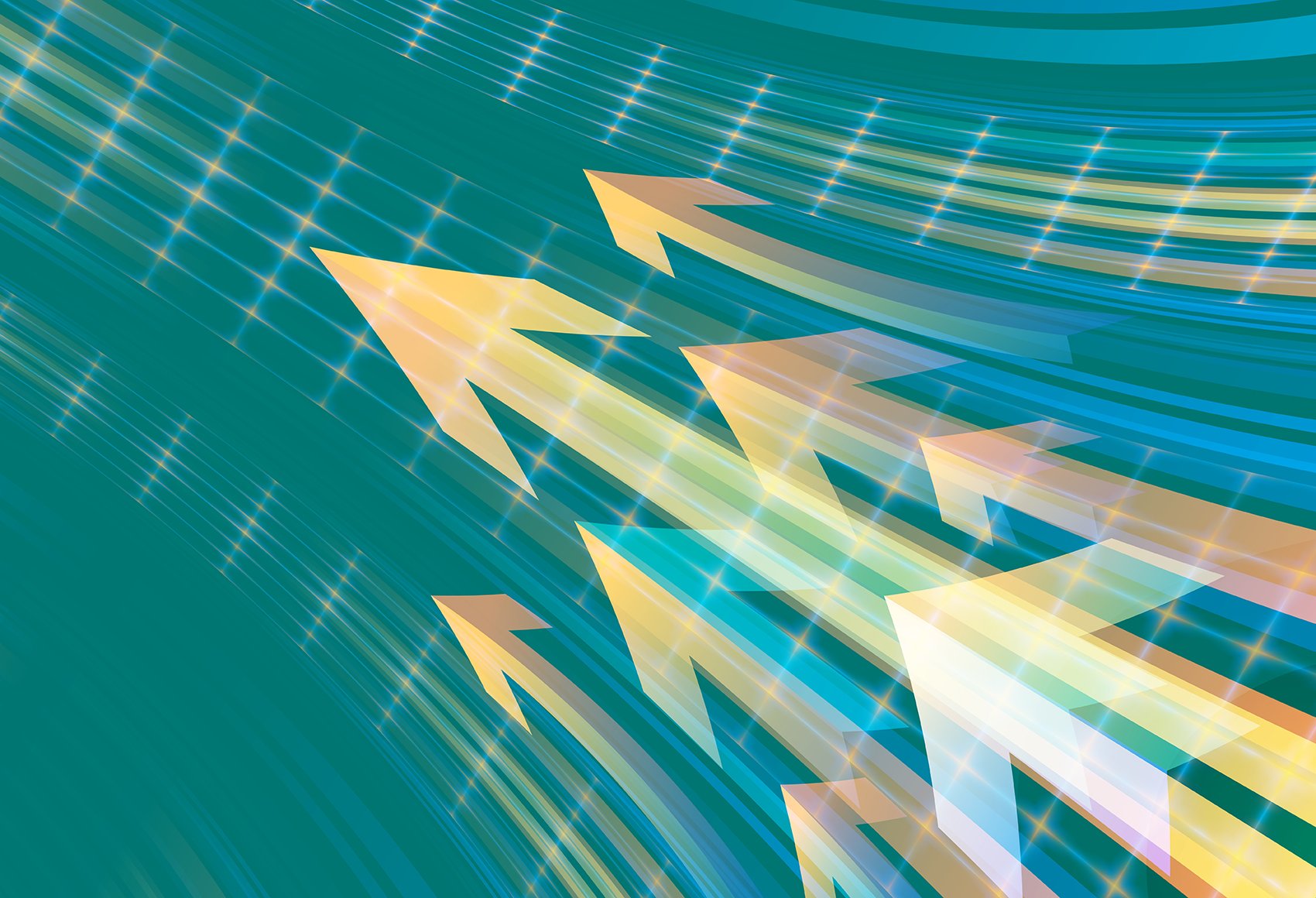 Abstract representation with multicolored arrows and cross hatching effects and green background