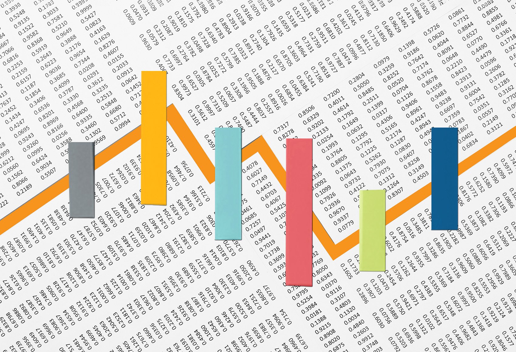Abstract rendition of a trend line and color bars with numbers in the background