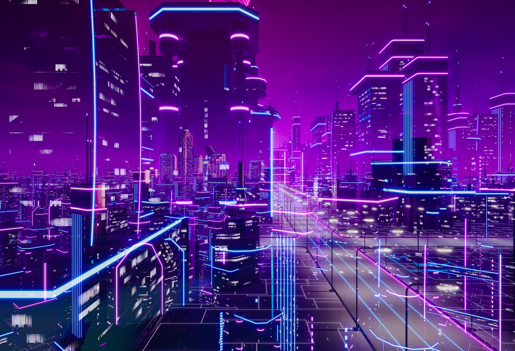 A metropolitan city illustrated in blue and purple