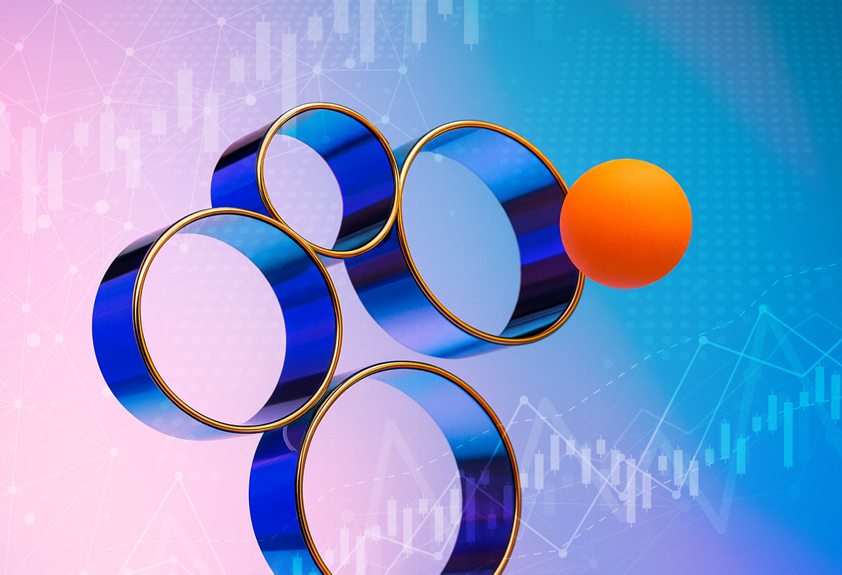 Abstract arrangement of blue and white rings, with a single orange hexagonal shape positioned to the right