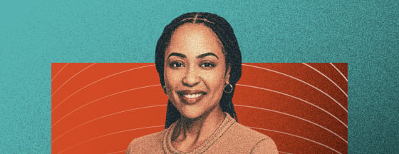 Portrait of a smiling woman with braided hair against a teal background and an orange rectangle with curved white lines.