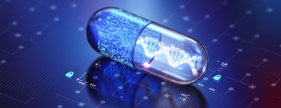 Conceptual 3D stock graphic of a medicine capsule featuring a digital data texture and a glowing DNA helix