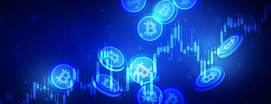 Blue holographic coins falling.