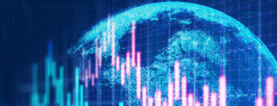 image represents global stock market investment, visualizing financial data trends overlaying a digital globe