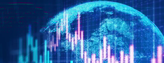 image represents global stock market investment, visualizing financial data trends overlaying a digital globe