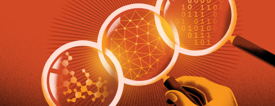 Orange digital illustration features multiple magnifying glasses examining scientific and technological concepts
