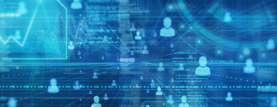 Blue graphic with network of icons