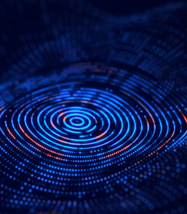 Abstract visualization of concentric blue and red data rings on a dark background.