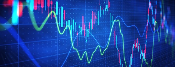 Blue stock market trading chart with multicolored trend lines