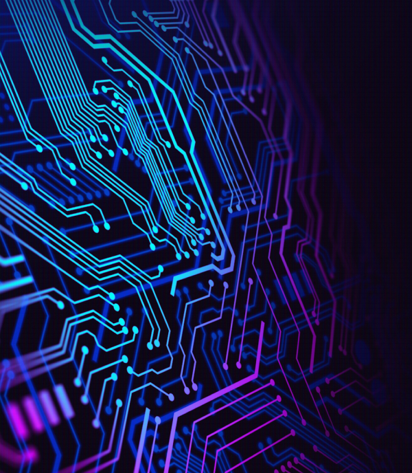 Glowing blue and purple circuit pathways branching across a dark background.