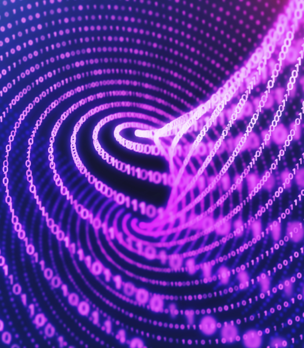 3D digital illustration of a purple and blue spiral pattern made of binary code particles