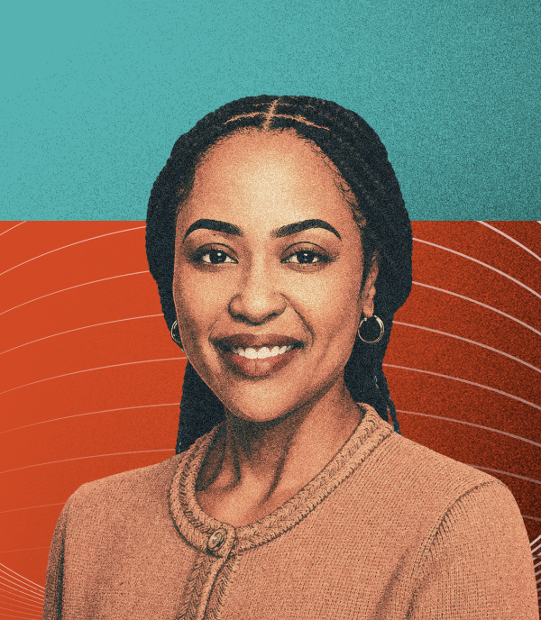 Portrait of a smiling woman with braided hair against a teal background and an orange rectangle with curved white lines.