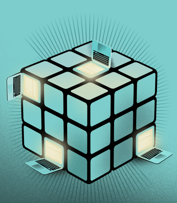 Blue and white Rubik's cube puzzle set against a teal background