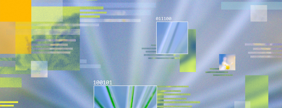 Abstract digital collage with colorful geometric shapes, binary code, and blurred imagery.