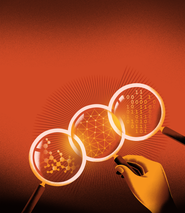 Orange digital illustration features multiple magnifying glasses examining scientific and technological concepts
