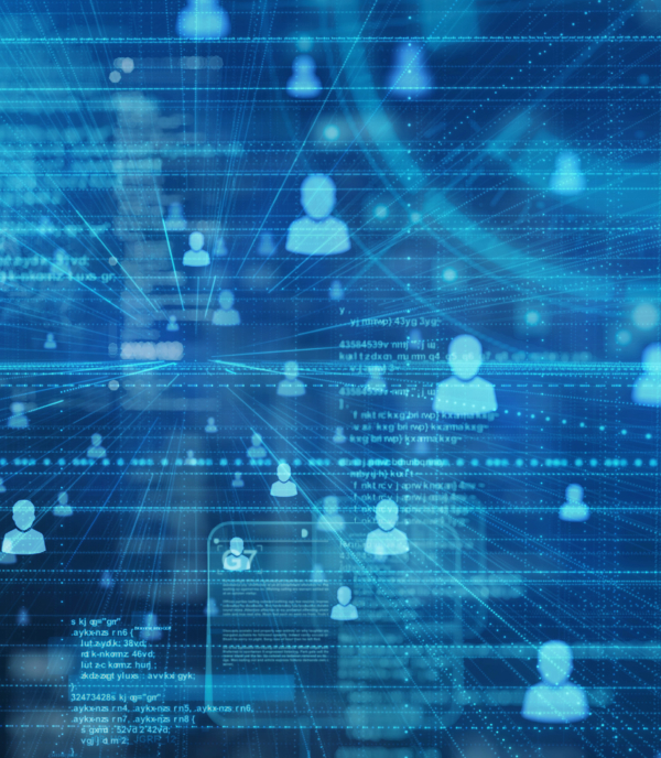 Blue graphic with network of icons