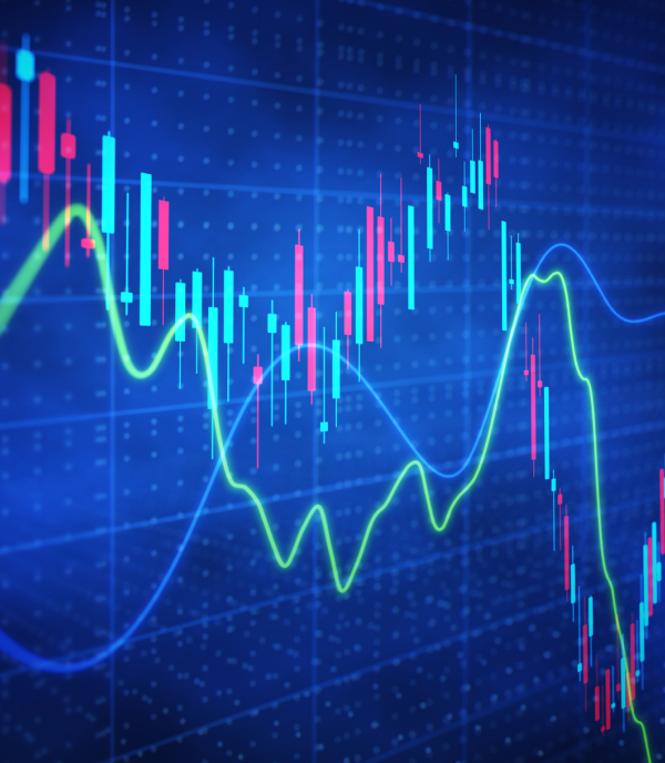 Blue stock market trading chart with multicolored trend lines