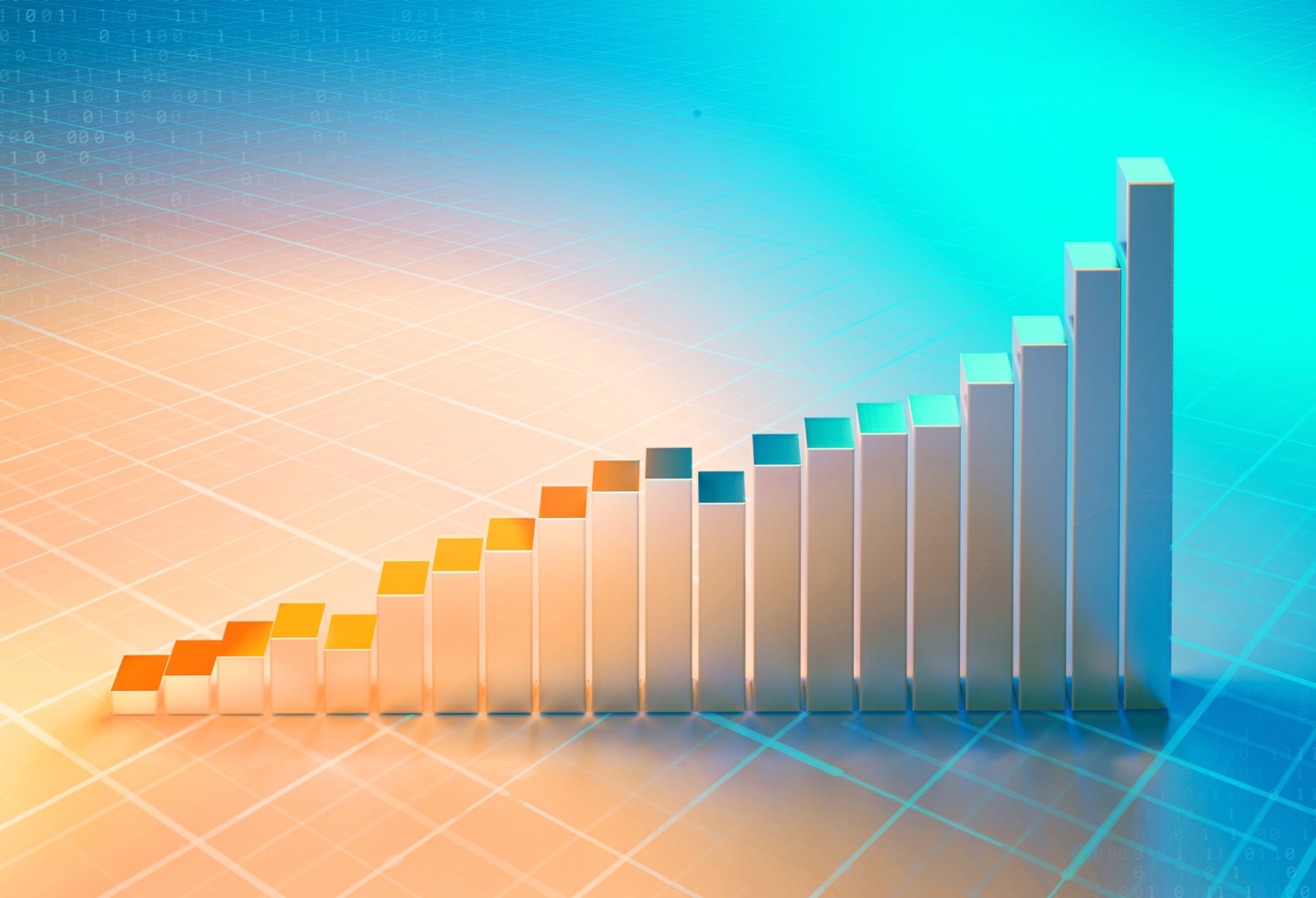 Visualization of business success, featuring rising metallic bars against a blue-to-mint gradient background.