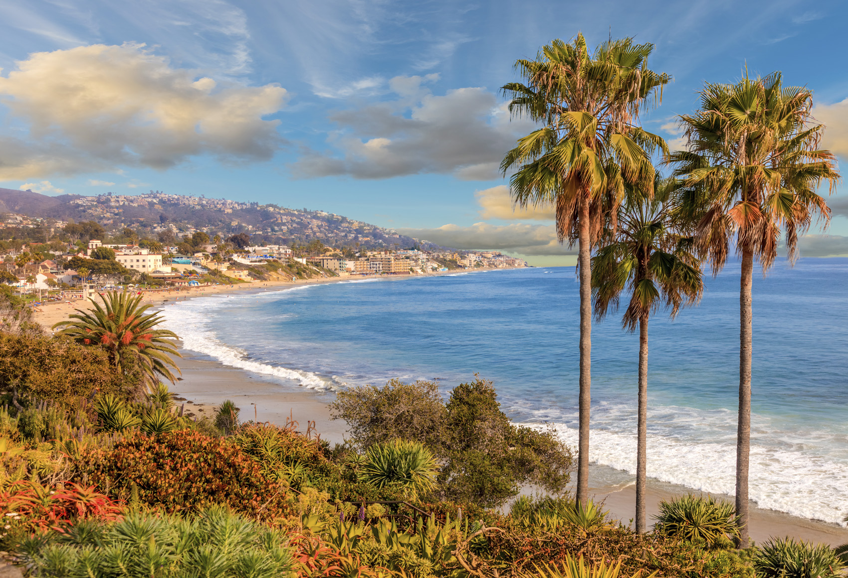 Coastal shoreline with palm trees overlooking a sandy beach and blue ocean under a partly cloudy sky.