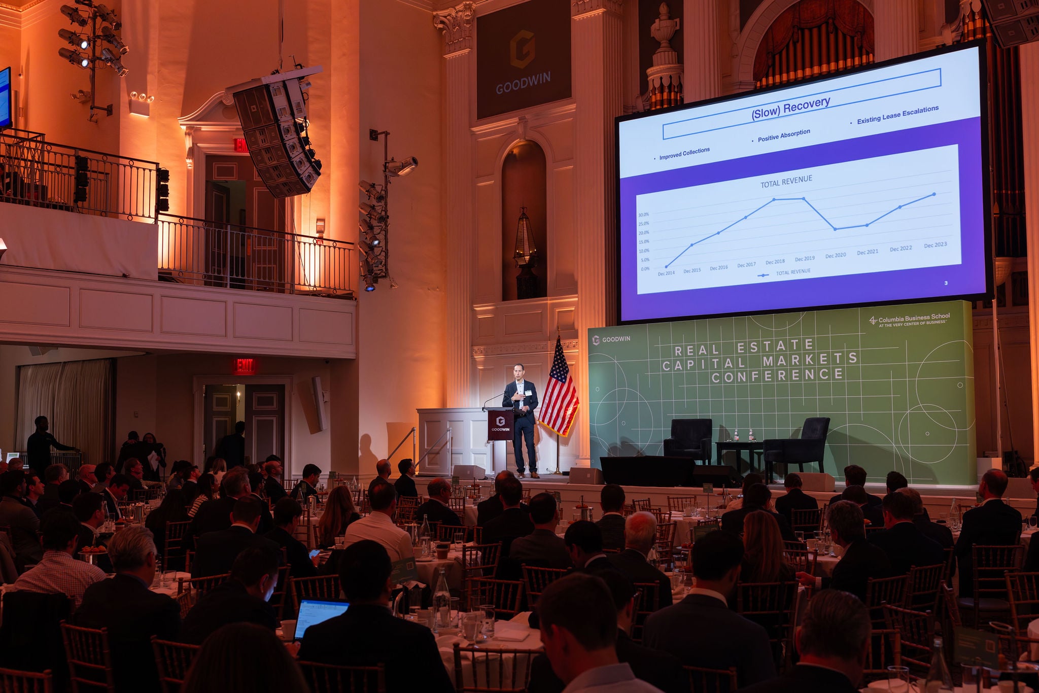 Presenter at the podium discussing market trends and total revenue growth during the Goodwin and Columbia Business School Real Estate Capital Markets Conference.