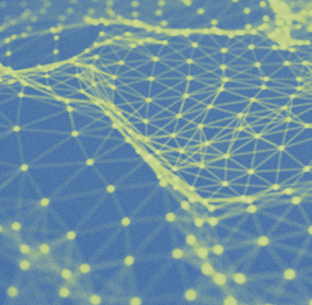 Abstract network visualization with interconnected yellow nodes and lines over a blue and green gradient.