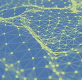 Abstract network visualization with interconnected yellow nodes and lines over a blue and green gradient.