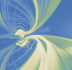 Abstract swirling tunnel of blue and green light trails creating a dynamic, futuristic motion effect.