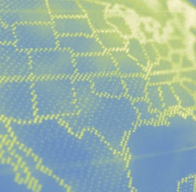 Abstract digital map of the United States made of yellow dots over a blue and green background.