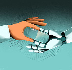 Human hand and robot hand touching fingers