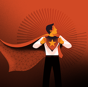 A person with a cape wearing office clothes holding a shield with a gold star on front