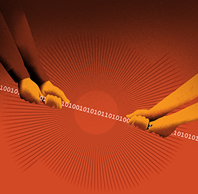 Two pairs of hands holding opposite ends of a string of binary code