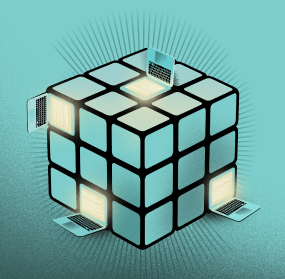 Blue and white Rubik's cube puzzle set against a teal background