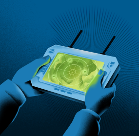 Illustration of gloved hands holding a handheld tracking device with a radar display showing a tank target.