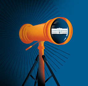 A yellow telescope with a reflection of the White House appearing in the lens reflection