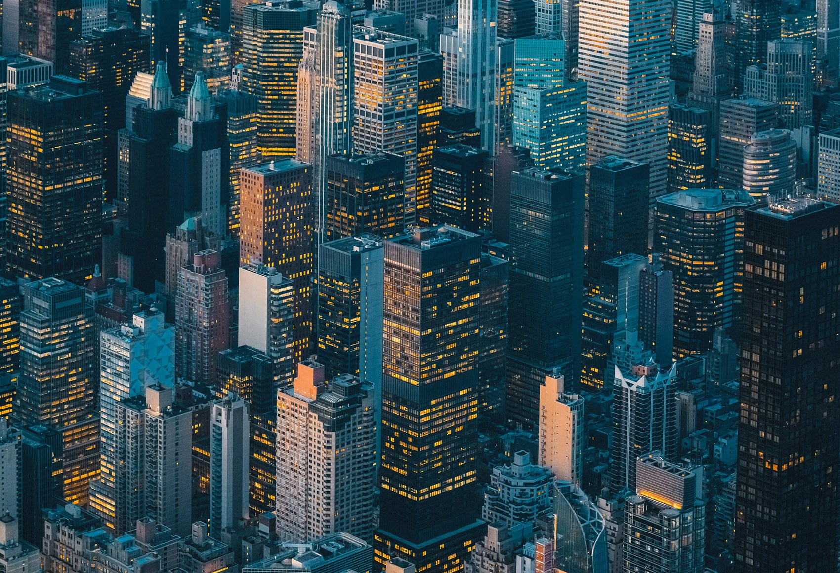 A birds eye view of a clustered group of Highrise office buildings
