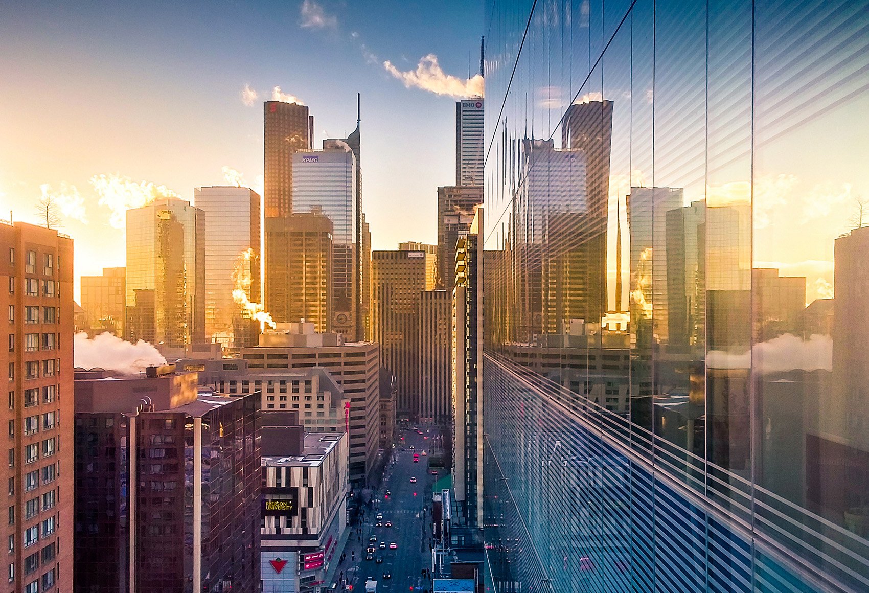 Skyscrapers in between a busy road