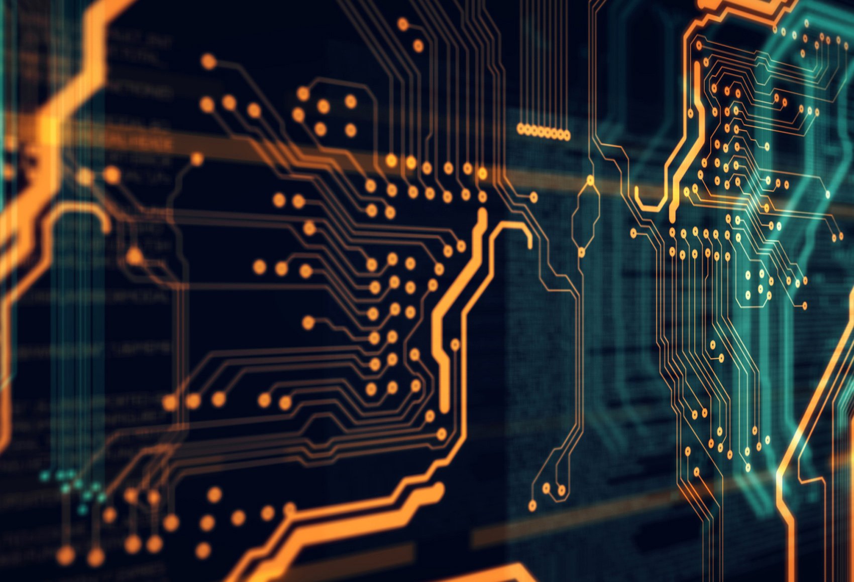 Orange technological circuit grid on a black background