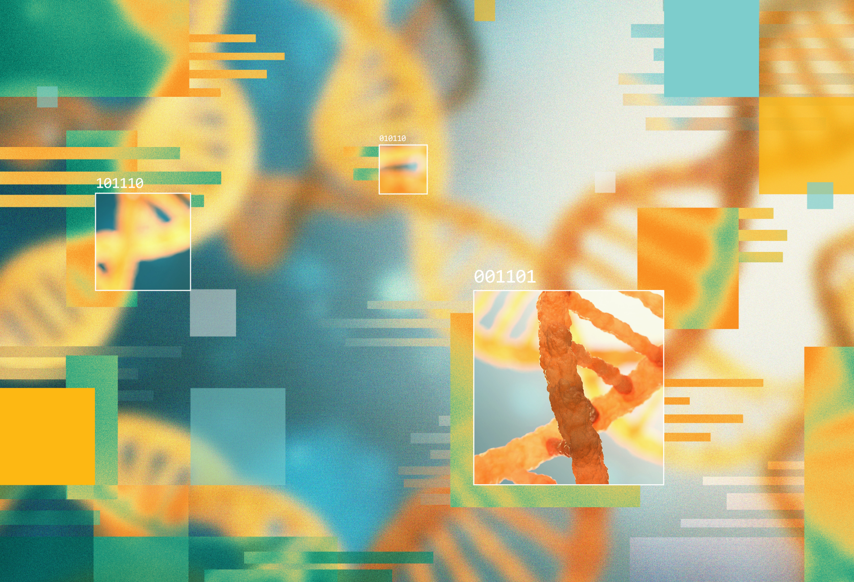 Close-up of a DNA double helix with orange tones, overlaid with digital frames and data elements, symbolizing biotech and data-driven research.