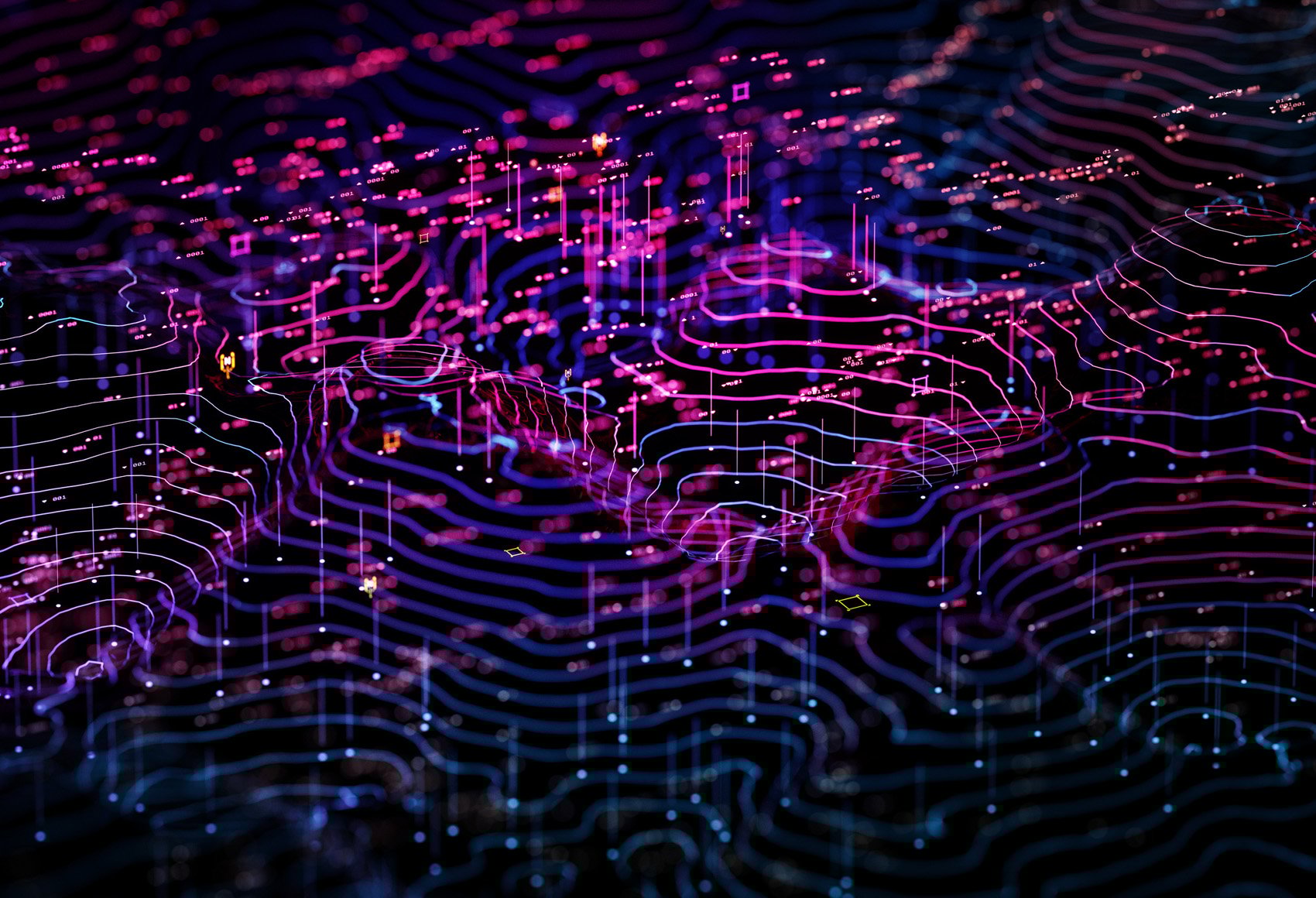 A colorful, abstract digital landscape displays pink and blue glowing lines and dots, resembling a topographical map in a dark setting.