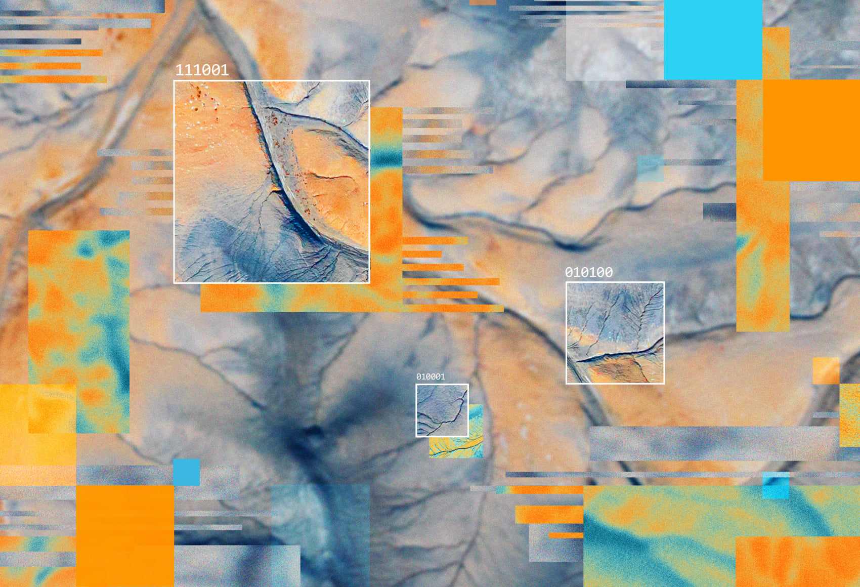 Abstract digital landscape with orange and blue textures, overlaid with data boxes, lines, and binary-style elements suggesting analytics or mapping.