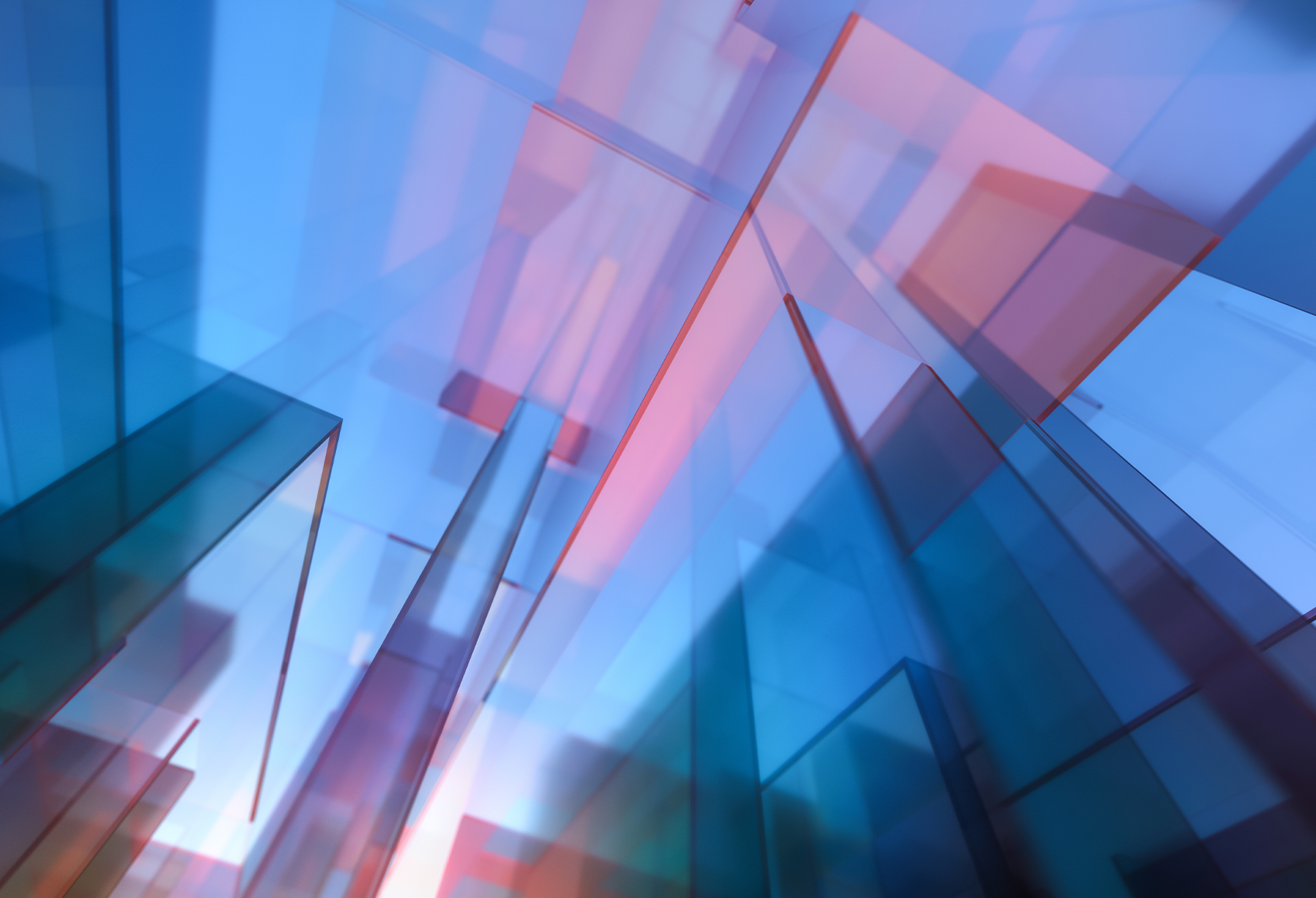 An abstract digital artwork with translucent, overlapping rectangles in cool blues, purples, and warm pinks, creating a glowing, dynamic effect.